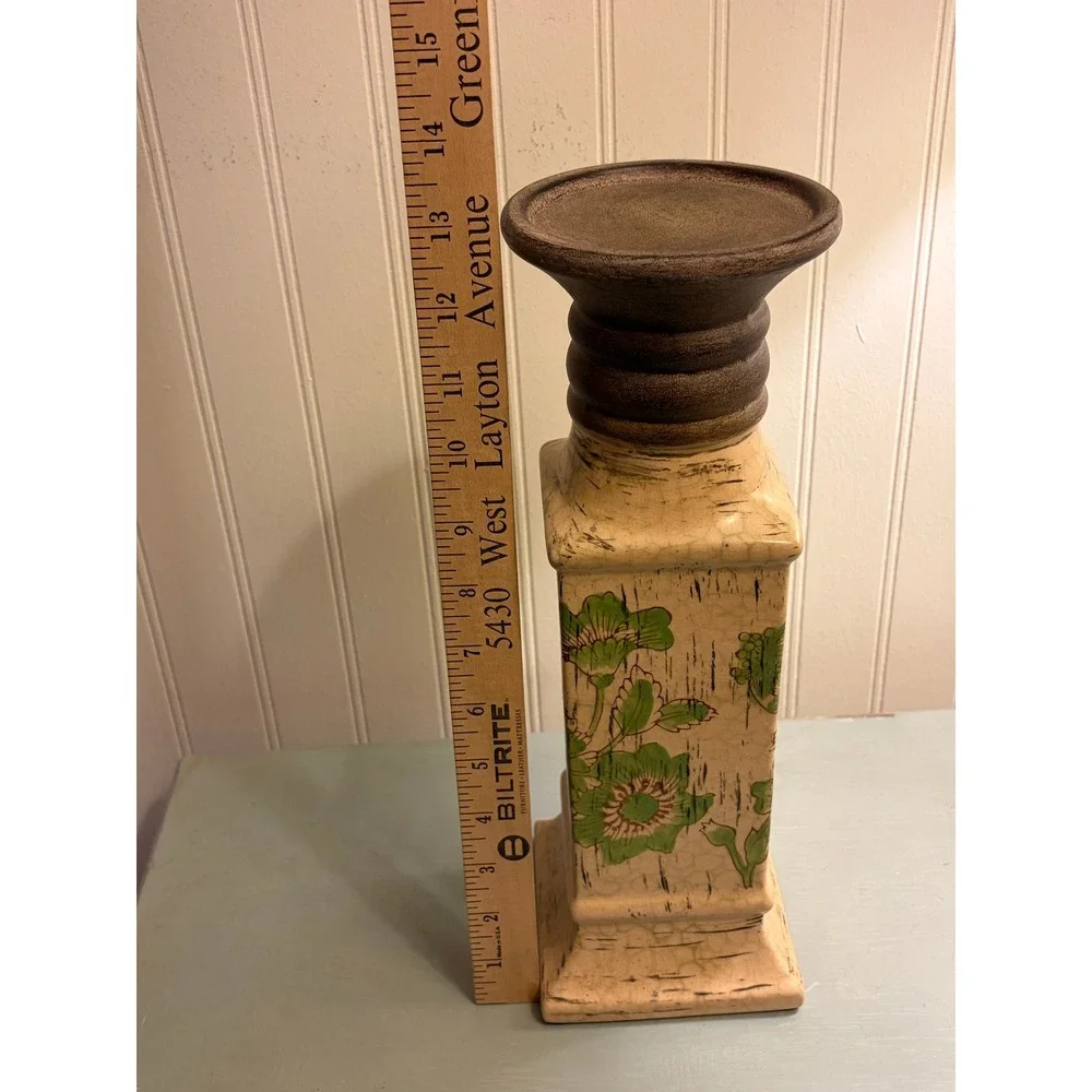 Vintage Style Floral Ceramic Pillar‎ Candle Holder Crackle Glaze Farmhouse 13.5